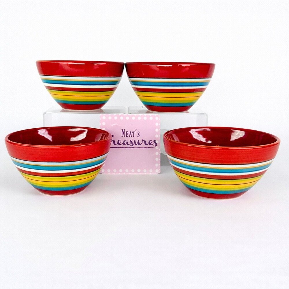 Tabletops WATER COLOR RED White Aqua Colorful Stripes Ceramic Bowls Set of 4